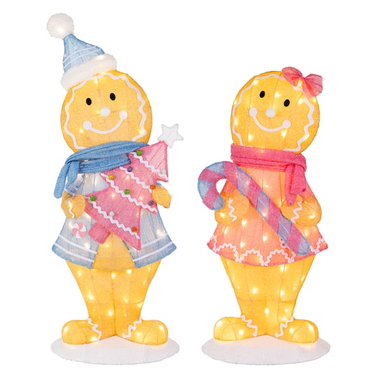 Glitzhome® 41.25" Christmas 3D Fabric Gingerbread Men with 120 Warm White LED Lights Set